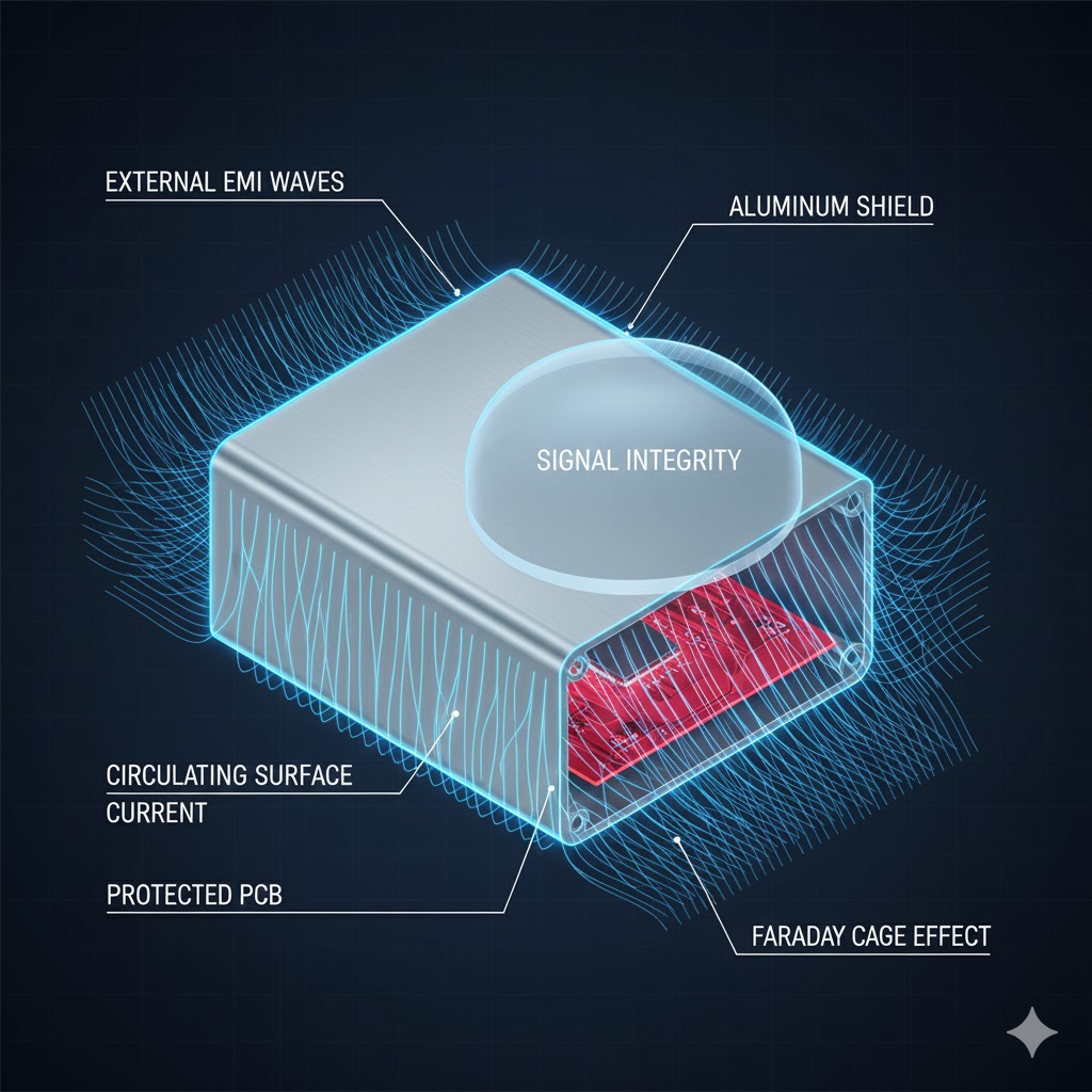 a Faraday cage effect on an aluminum housing